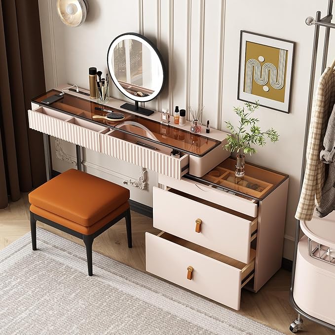 Lartis Makeup Vanity、extendable Dresser Set、Dressing Table,Super Storage、LED Lighted Vanity Mirror with ash All Solid Wood upholstered Makeup Stool