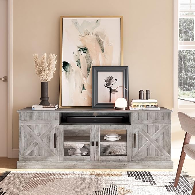 BELLEZE 65 Inch Modern Farmhouse Industrial Style Entertainment TV Stand for TVs Up to 70 Inches, Versatile Media Cabinet with Shelves and Storage - Veropeso (Gray Wash)