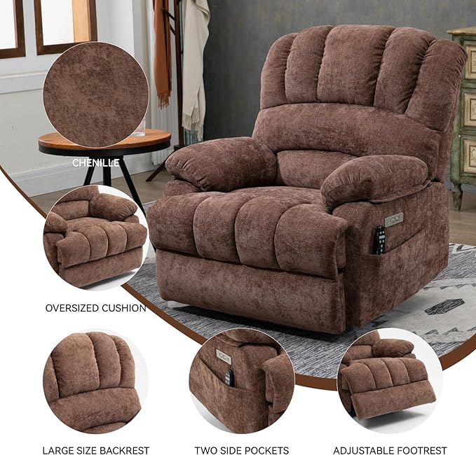 Large Power Lift Recliner Chair with Massage and Heat for Elderly, Ergonomic Backrest, Infinite Adjust, 2 Side Pockets,USB and Type-C Ports, Chenille Brown