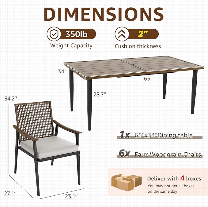 NATURAL EXPRESSIONS 7 Piece Patio Dining Set for 6 Outdoor Furniture Set, Rattan Wicker Chairs with Cushions and 65” Large Dining Table with 1.65'' Umbrella Hole for Patio, Garden, Porch, Pool, Beige