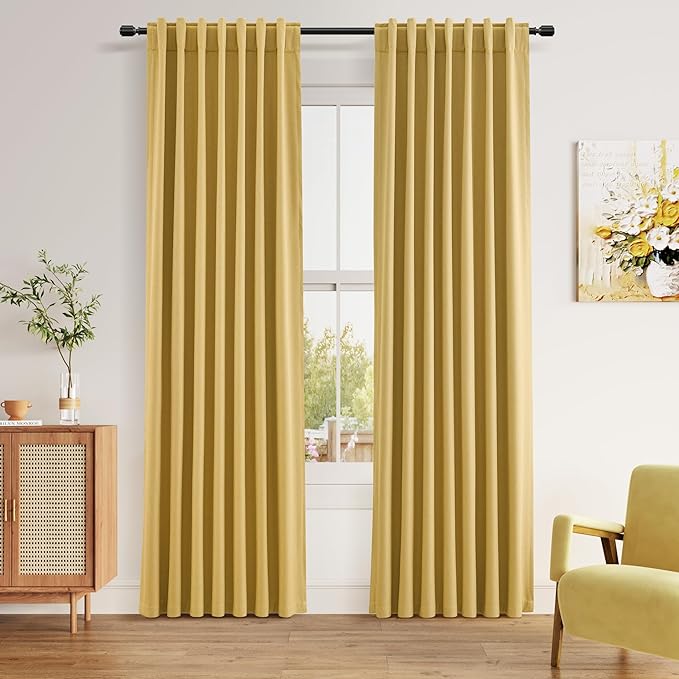 Guken Blackout Curtains 80 Inch Length 2 Panels Set for Living Room Bedroom Back Tab Thermal Insulated 100% Black Out Linen Drapes Room Darkening Window Curtains 80 Inches Long,Gold