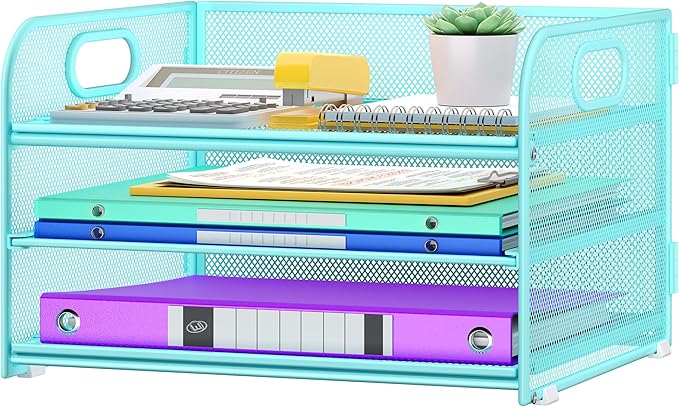 3 Tier Paper Organizer with Handle, Metal Desk Organizer Mesh Paper Letter Tray Desktop File Folder Document Sorter for Classroom, School, Office Accessories Organization and Storage - Blue
