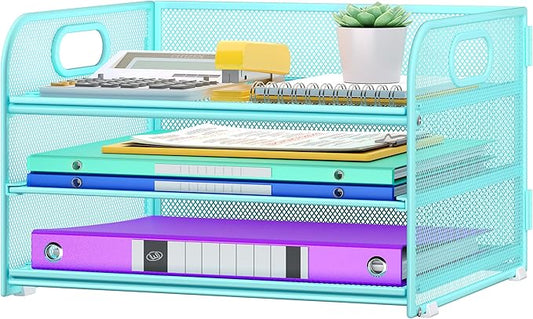 3 Tier Paper Organizer with Handle, Metal Desk Organizer Mesh Paper Letter Tray Desktop File Folder Document Sorter for Classroom, School, Office Accessories Organization and Storage - Blue