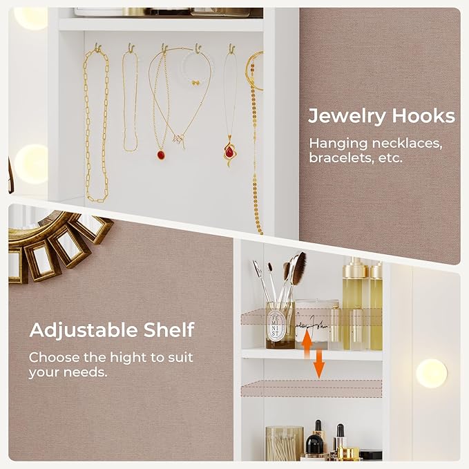 Hasuit 48.8'' Large Vanity Desk with Lighted Mirror & Power Outlet, White Makeup Vanity Table with 6 Drawers, 4 Shelves and 1 Storage Cabinet, Glass Tabletop Bedroom Dressing Table, 3 Lighting Modes