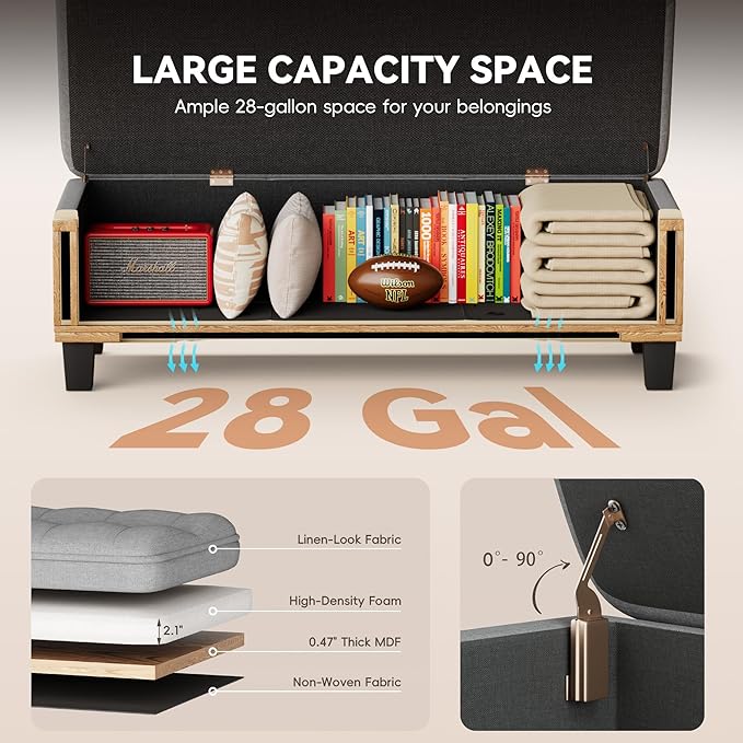 YESHOMY 47 Inches Ottoman with Storage, Storage Bench with Legs, Ottomans for Living Room, Entryway, Adjustable & Movable, Easy Assembly, Linen Fabric Light Gray