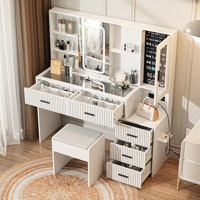 Large White Vanity Desk with Mirror and Lights，Vanity Table Makeup Vanity 5 Drawers with Power Strip Charging Station，Cushioned Stool for Bedroom, Dressing Room (White)