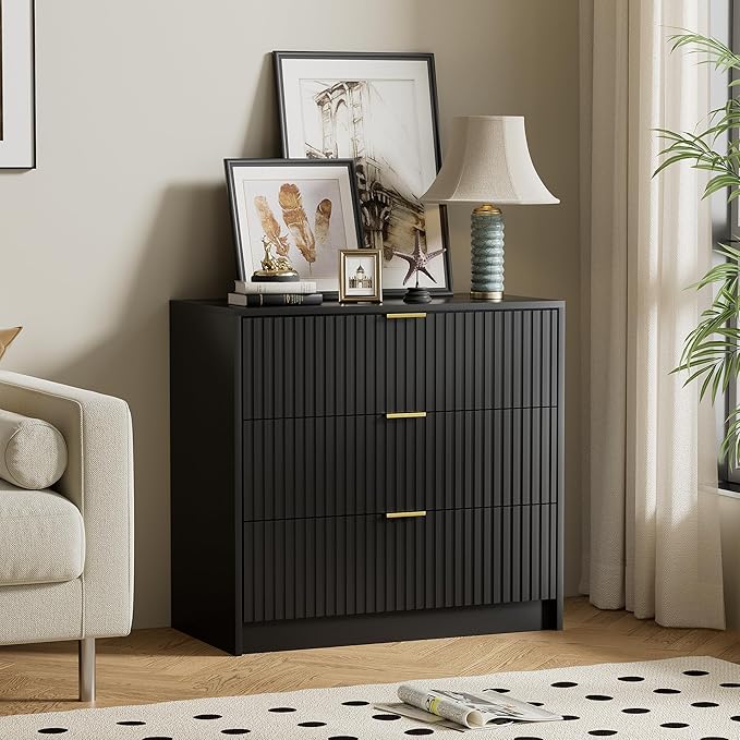 Black Dresser for Bedroom, Modern Dresser with 3 Drawers and Smooth Slides, Wide Chest of Drawers with Golden Handles for Bedroom, Living Room, Closet, 15.7" D x 31.5" W x 29.6" H