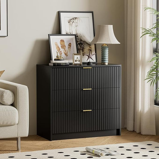 Black Dresser for Bedroom, Modern Dresser with 3 Drawers and Smooth Slides, Wide Chest of Drawers with Golden Handles for Bedroom, Living Room, Closet, 15.7" D x 31.5" W x 29.6" H