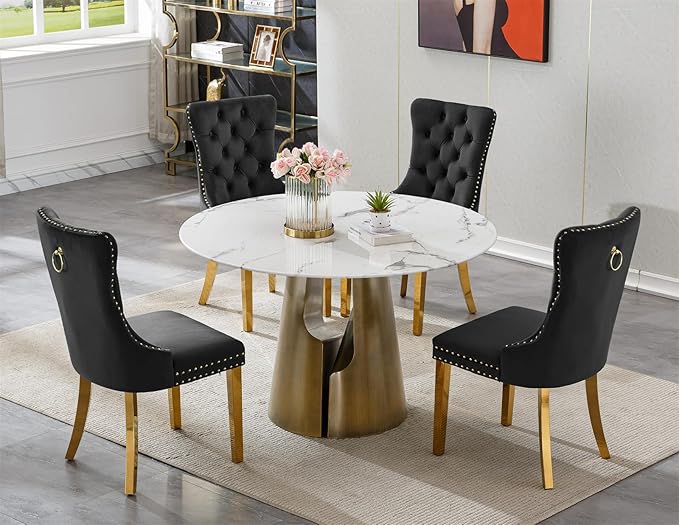 5-Piece Faux Marble Round Dining Table Set for 4, Modern Luxury Kitchen Table Set for 4 with Black Tufted Chairs,Circle Dining Tables with White Marble Grain Top and Bronze Pedestal Base