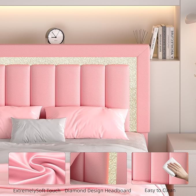 HOMBCK Floating Bed Frame Queen with Smart LED Lights, Faux Leather Upholstered Bed with Diamond PU Headboard, No Box Spring Needed, Noise-Free, Easy Assembly, Pink