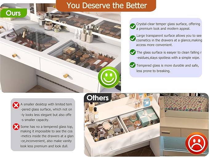 Big Vanity, Modern Wood Makeup Vanity Desk with Mirror and Sound Sync LED Lights, Large Vanity Dressing Table, 8 Drawers, 2 Glass Cabinets, with Charging Station for Girls, Women