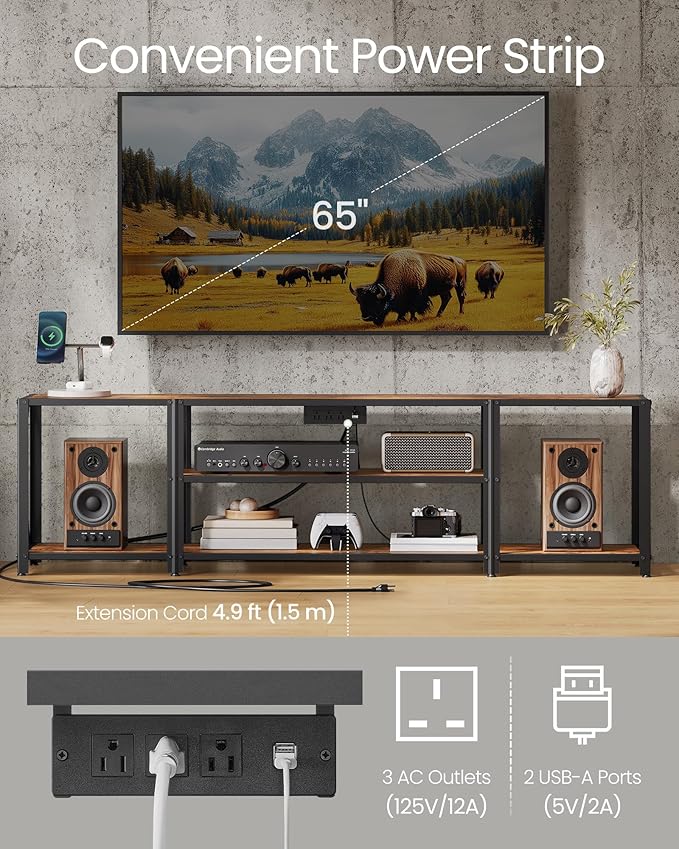 VASAGLE TV Stand With Power Outlets and LED Lights, for TVs up to 75 Inches, Entertainment Center With Open Storage Shelves, Console Table for Living Room, Rustic Brown and Ink Black ULTV122K01