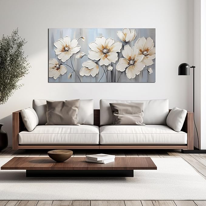 Large Canvas Wall Art Modern Wall Decor White Flower Theme Picture Wall Art with Frame Canvas Decorative Artwork Living Room Bedroom Home Office Hangable Decorative Painting Size 24x48 B