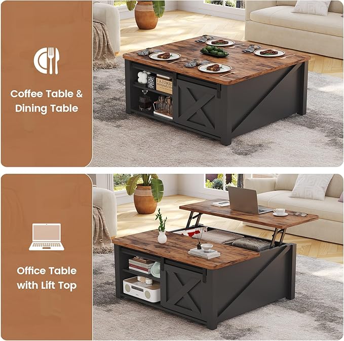 SEDETA 31.5" Lift Top Coffee Table with Storage, Square Coffee Tables for Living Room, Farmhouse Coffee Table with Large Hidden Storage Compartment and Adjustable Shelves, Black