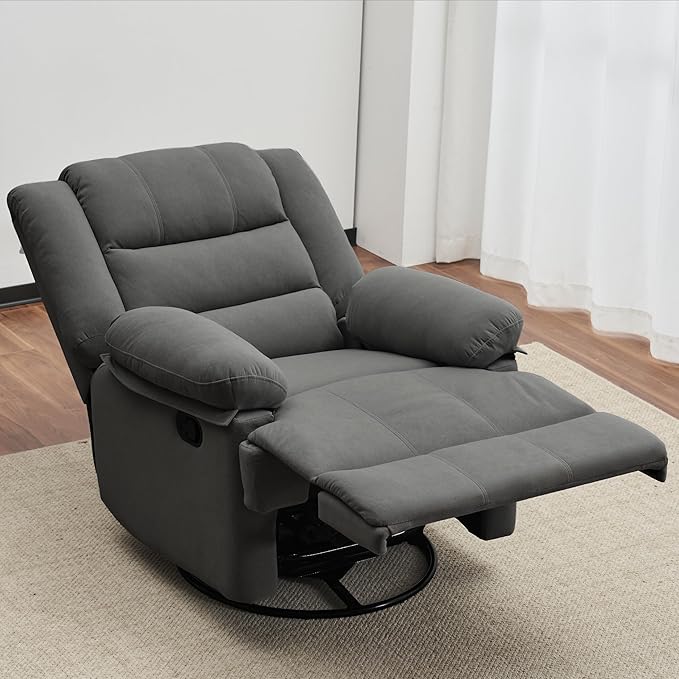 Swivel Rocking Recliner Chair for Adults, Overstuffed Manual Rocker Nursery Recliner Glider, Upholstered Fabric Reclining Single Sofa Chair for Living Room (Dark Grey)