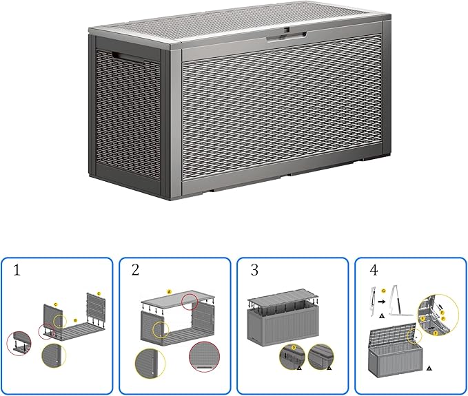100 Gallon Waterproof Deck Box, Lockable Resin Storage Box for Patio Furniture Cushions Garden Tools and Outdoor Delivery Storage, Coffee