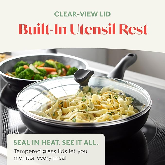 Rigoletto 3.1QT Nonstick Sauté Pan & Lid, Made in Italy, Vesuvio Layered Ceramic PFAS-Free Surface, Induction Ready, Dishwasher & Metal Utensil Safe, Granite Finish, Stay-Cool Handle, Black