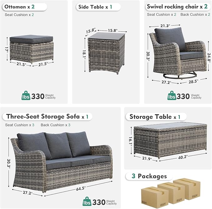 Outdoor Patio Furniture Set with Swivel Chair, 7 Pieces Patio Conversation Set, Patio Sectional Furniture Set with 2 Swivel Rocker Chair & Sofa, 2 Ottomans and Coffee Table (Grey)