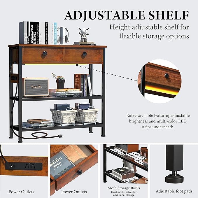 32" Entryway Table with Outlets: Console Table with 2 Wood Drawers and Storage Shelves, USB Ports, LED Light Strip, for Sofa, Living Room, Hallway, Foyer, Couch, and TV Stand