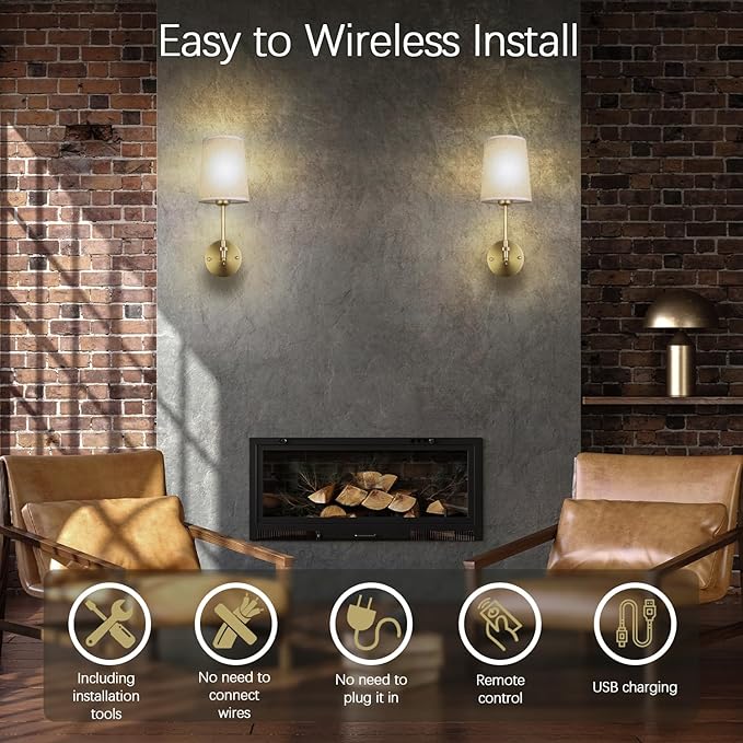 Battery Operated Wall Sconces Set of 2, Gold Rechargeable Wall Lights with 15 RGB Dimmable Detachable Bulbs and Remote, Wireless Battery Powered LED Wall Lamp for Living Room Bedroom