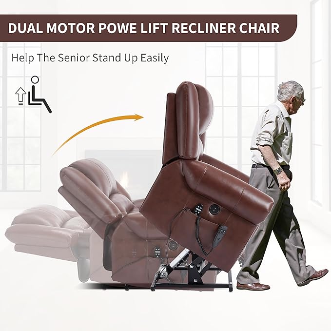 Dual Motor Power Lift Chair, Lay Flat Recliner Chair, Electric Recliner with Massage and Heat for Elderly, Remote Control, Infinite Position, Standing Assistance, USB Ports (Red, Genuine Leather)