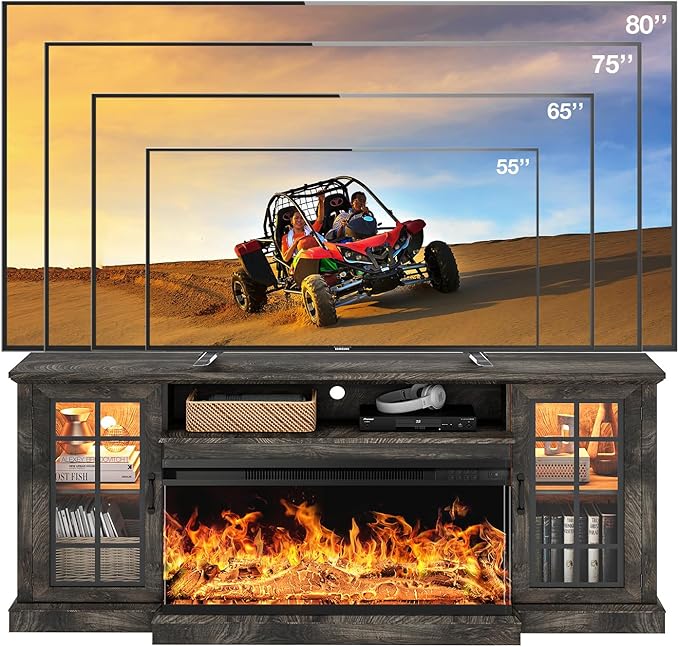 oneinmil 36 Inch 3-Sided Glass Fireplace TV Stand for TVs up to 80", Rustic Media Entertainment Center Console Table with Glass Door Closed Storage, Set of TV Table, Grey