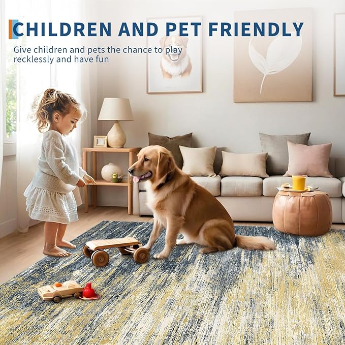 Washable Rug 5x7 Abstract Area Rug for Living Room, Non Slip Foldable Soft Rugs for Bedroom, Stain Resistant Rugs Modern Fuzzy Rug, Indoor Carpet for Entryway Home, Yellow/Black