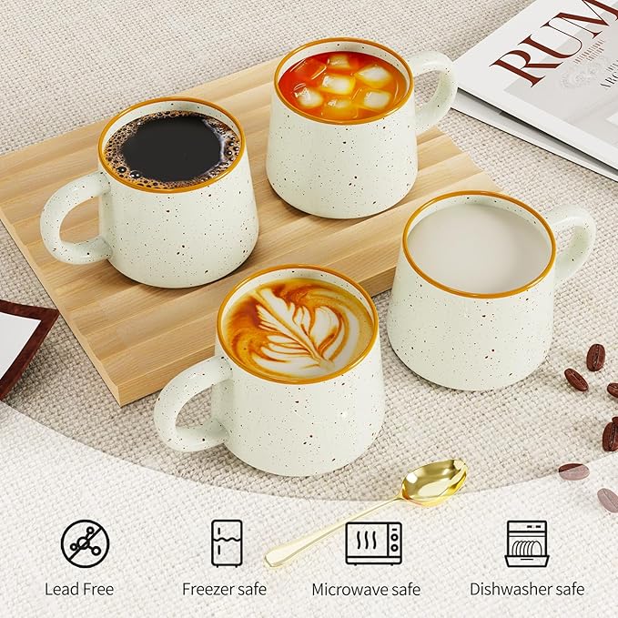 12 oz Coffee Mugs Set of 4, Modern Stackable Coffee Cups Set for Latte, Hot Tea, Cappuccino, Ceramic Coffee Mug Tea Cup, Dishwasher & Microwave Safe, Housewarming Wedding Present (Beige)