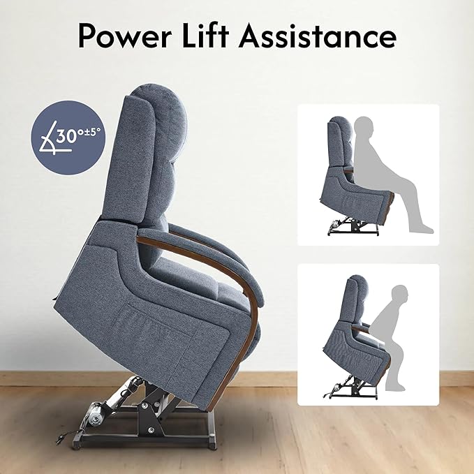FLEXISPOT Dual Motor Power Lift Recliner Chair for Elderly, Electric Lay Flat Reclining Chair with Massage & Heat, Side Pockets, Fabric Single Sofa for Living Room, Blue