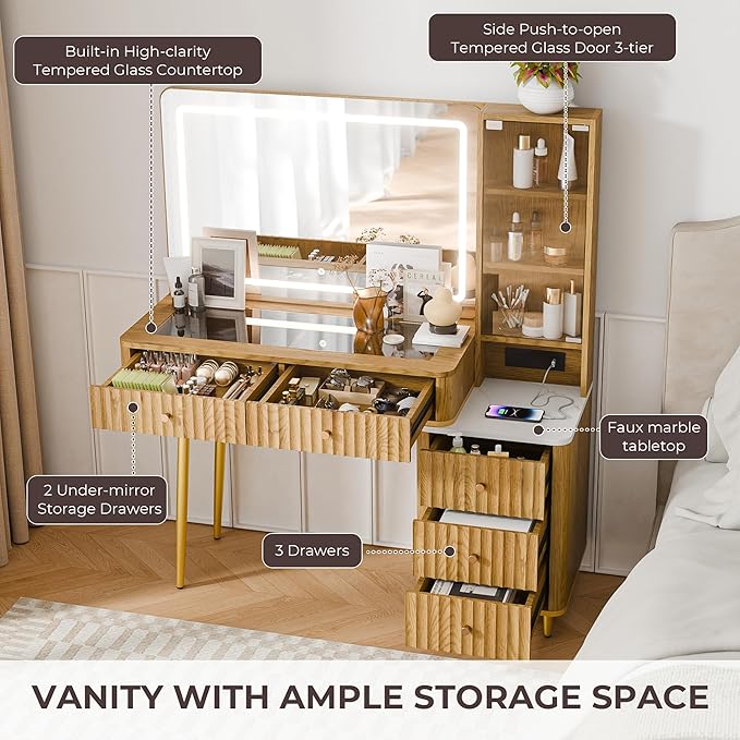 Fluted Vanity Desk with 36" Mirror and Lights, Makeup Vanity Desk with Glass Top, Dressing Table with 5 Drawers & Shelves, Wood Vanity Table for Bedroom(Natural Oak)