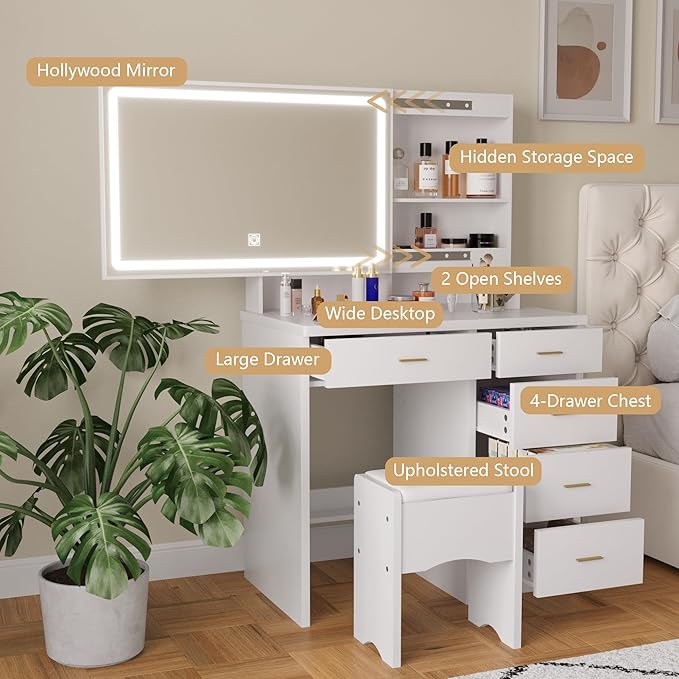 Vanity Desk with Mirror and Lights, 31.5" Makeup Vanity with Sliding Mirror and 3 Light Modes, Modern Vanity Table with 5 Drawers, Hidden and Open Storage Shelves, Makeup Desk for Bedroom, White