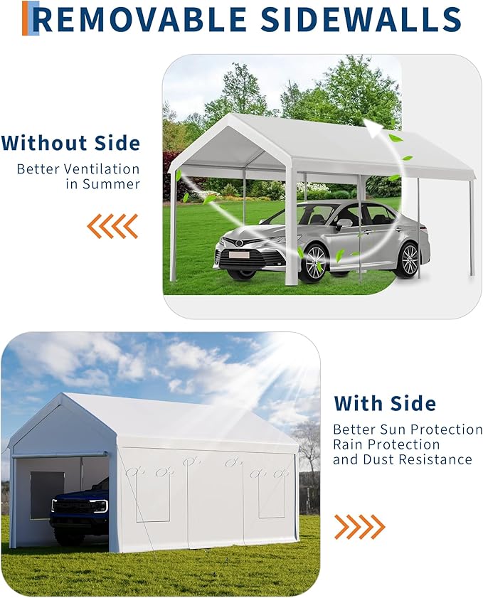 10 x 20 FT Carport Clearance, Heavy Duty Carport Canopy with Roll Up and Down Mesh Window, Outdoor Portable Garage with Removable Sidewalls, All Season Tarp for Car, Boat, Truck, Motorcycle (White)