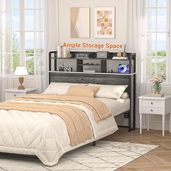 Unikito Headboard for Full Size Bed with Storage Shelf, Head Board with 3 Outlets and 2 USB Ports, Headboards with RGB LED Light, Height Adjustable, Sturdy and Stable, Easy Assembly,Black Oak