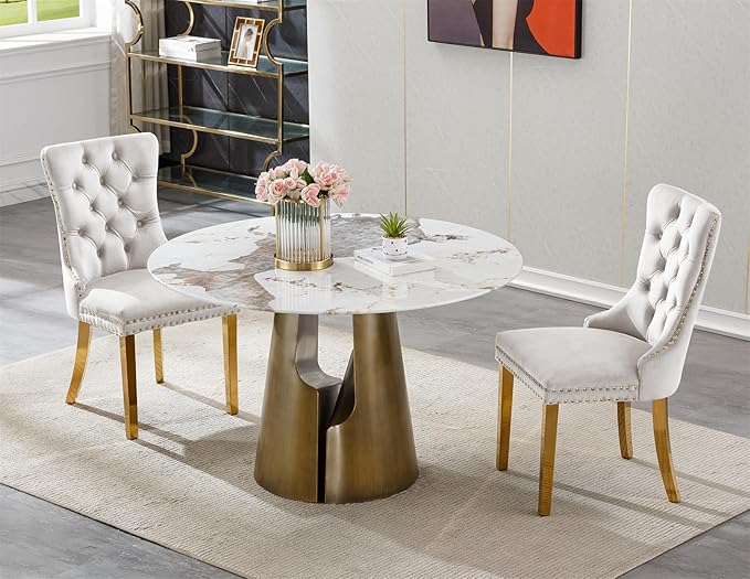 3-Piece Faux Marble Round Dining Table Set for 2, Modern Luxury Kitchen Table Set for 2 with Beige Tufted Chairs,Circle Dining Tables with Pandora Grain Top and Bronze Pedestal Base