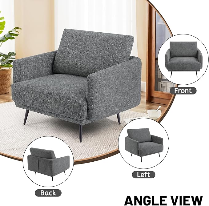 Oversized Accent Chair for Living Room Chairs Reading Arm Chair Comfy Modern Single Sofa Side Chairs with Metal Legs & Soft Cushion for Bedroom, Balcony,Waiting Room(Chenille, Dark Grey)
