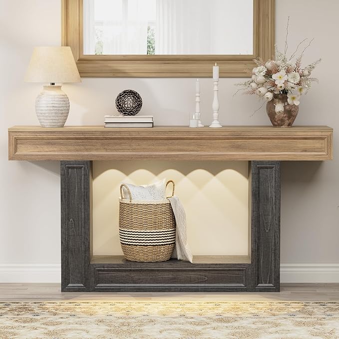 Rresyet 63" Console Table, 2-Tier Entryway Table with Sensor Lights, Coffee Table Behind The Sofa, with U-Shaped Base Suitable for Entryways, Living Rooms, Corridors, and Foyers(Wood)