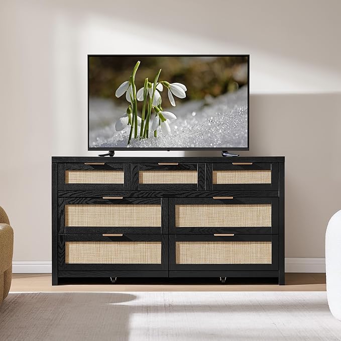 SICOTAS 7 Drawer Dressers for Bedroom Set 2, Long Rattan Dresser, Dresser TV Stand, Closet Organizer Chest of Drawers, Clothes Storage Dressers (Black Oak, 7 Drawers (2 pcs))