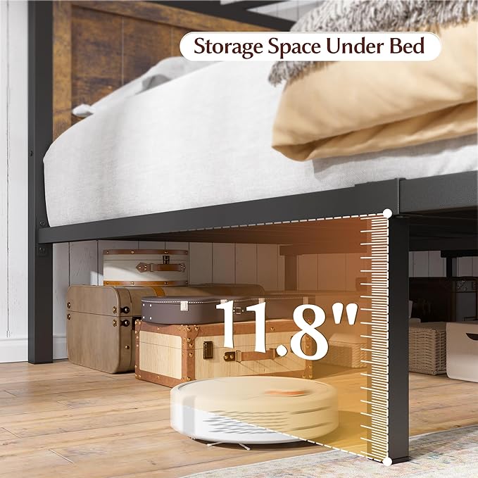 EnHomee Queen Bed Frame with 2 Storage Drawers, Built in Charging Station & LED Light,NO Noise,No Box Spring Needed,Rustic Brown