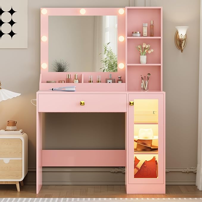 Makeup Vanity with Mirror and Lights, 34'' Wide Dressing Table with Charging Station & RGB Glass Cabinet, Small Vanity Desk with 3 Color Lighting Modes & Adjustable Brightness, Pink
