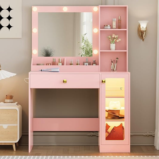 Makeup Vanity with Mirror and Lights, 34'' Wide Dressing Table with Charging Station & RGB Glass Cabinet, Small Vanity Desk with 3 Color Lighting Modes & Adjustable Brightness, Pink