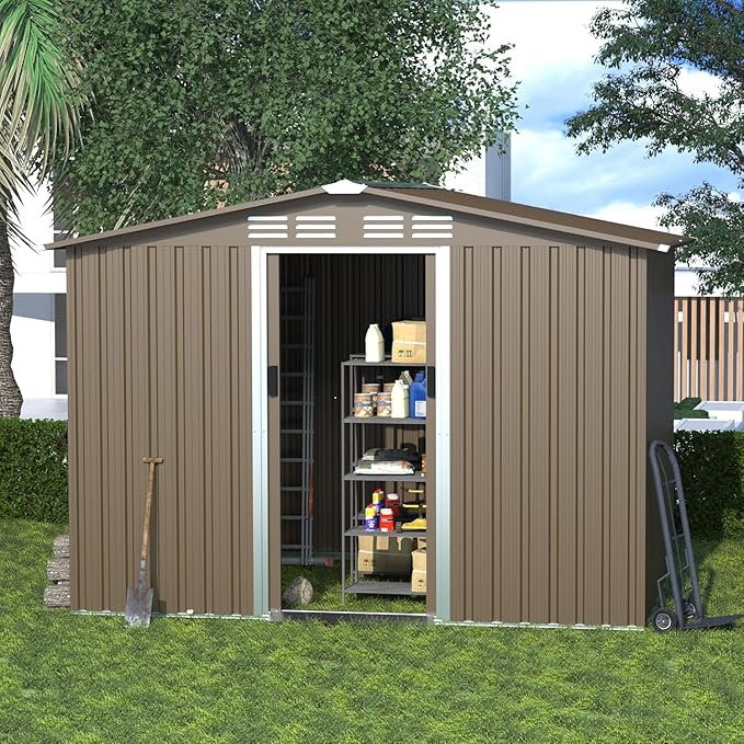 Kullavik 8FT x 6FT Outdoor Storage Shed,Waterproof Metal Tool Shed with Lockable Sliding Door and Air Vents,Metal Storage Shed for Garden,Patio