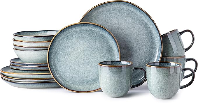 AmorArc Ceramic Dinnerware Sets,Handmade Reactive Glaze Stoneware Plates and Bowls Sets with Mugs,Highly Scratch Resistant | Dishwasher & Microwave Safe Dishes Set,Service for 4(16 Pcs)