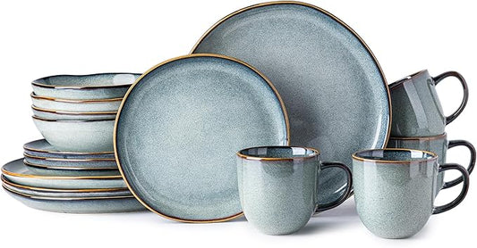 AmorArc Ceramic Dinnerware Sets,Handmade Reactive Glaze Stoneware Plates and Bowls Sets with Mugs,Highly Scratch Resistant | Dishwasher & Microwave Safe Dishes Set,Service for 4(16 Pcs)