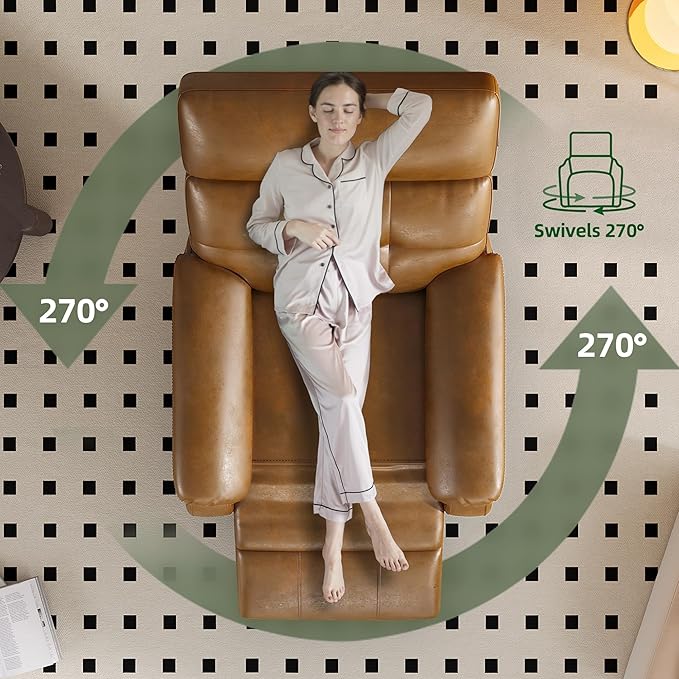 Claiks Power Swivel Rocker Recliner Chair, Oversized Recliner Chairs for Adults, PU Leather Overstuffed Reclining Chair with USB and Type-C Ports for Living Room, Brown