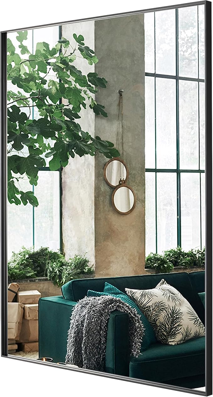 24x36 Inch Black Bathroom Mirror, Copper-Free Mirror, Aluminum Alloy Frame Vanity Mirror, Rectangle Wall Mounted Mirror, Modern Mirror for Bedroom/Living Room/Porch Horizontal or Vertical