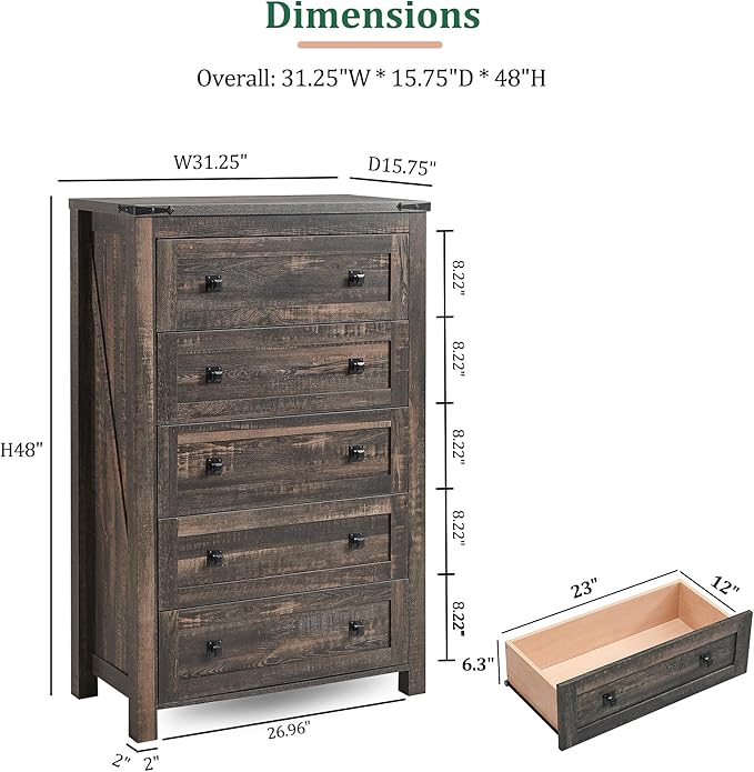 RedLemon Farmhouse 5 Drawer Dresser, 48" Tall Rustic Chest of Drawers, Wood Dresser for Bedroom, Living Room, Hallway, Dark Rustic Oak