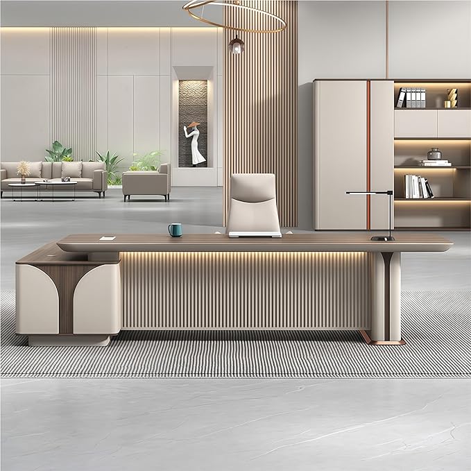 Modern L Shaped Desk, 102.4 inch Large Desk with Storage, Executive Desks for Home Office No Installation Required with Drawers and Lockable