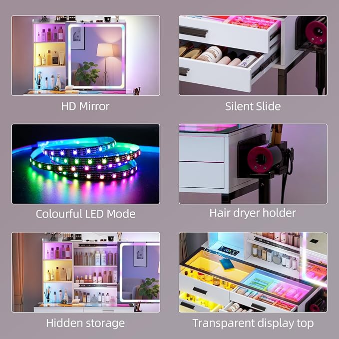 LED Vanity Desk with Sliding Mirror, Smart Makeup Table with 6 Drawers 6 Shelves Glass top, Dressing Table with Charging Station 24 Color Lighting Modes, Cushioned Stool, USB for Bedroom White