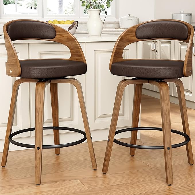 Swivel Bar Stools Set of 4, 26" Counter Height Bentwood Barstool, Mid-Century Modern PU Leather Upholstered Bar Chair with Back and Footrest, for Kitchen Island, Bar, Cafe, Dining Room, Brown
