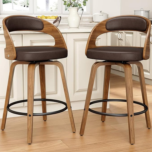 Swivel Bar Stools Set of 2, 26" Counter Height Bentwood Barstool, Mid-Century Modern PU Leather Upholstered Bar Chair with Back and Footrest, for Kitchen Island, Bar, Cafe, Dining Room, Brown